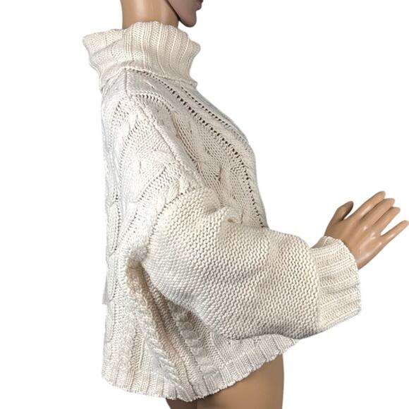 Love Tree Women's Cropped Cowl Neck Cable Knit Sweater Oversized Fit Cream L - Picture 2 of 9